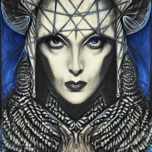 Image similar to Norma Desmond, pencil drawing. El Greco, Remedios Varo, Salvador Dali, Carl Gustav Carus, John Atkinson Grimshaw. Blue tint. Symetrical, logo, geometric shapes.