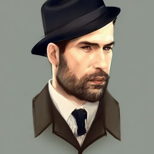 Image similar to portrait of a detective, zoomed in, noir, fedora, tweed coat, confident, handsome, heavy shading, vintage, high quality, by artgerm, artstation, ( ( ( by ilya repin ) ) )