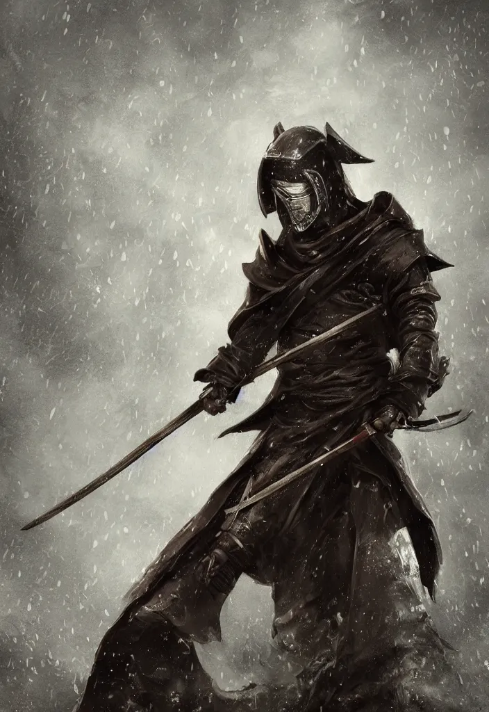 Prompt: a hooded samurai wearing a samurai mask holding his sword in a heroic pose standing in heavy rain magical conceptart, trending on artstation, deviantart.