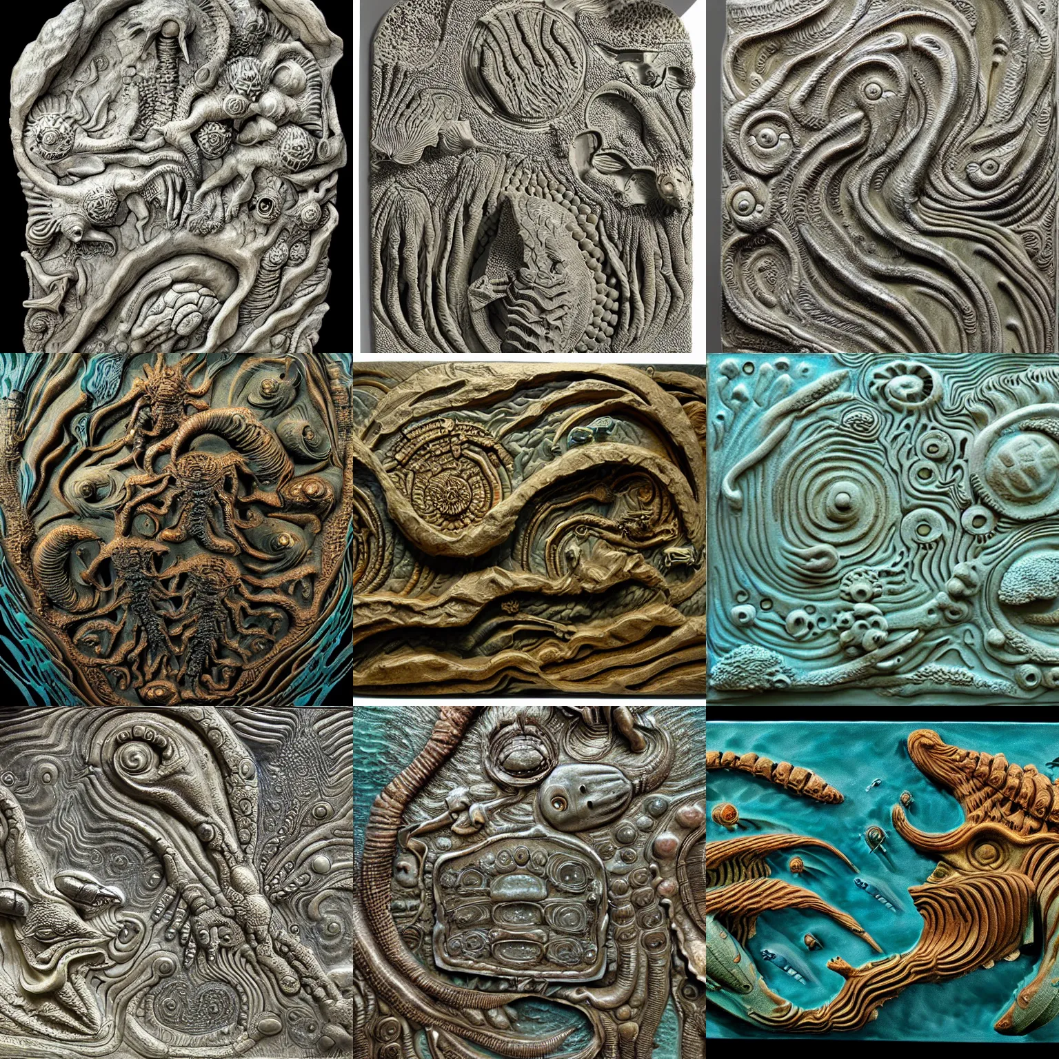 Prompt: ancient alien ocean with predatory flora and fauna sci - fi, high - relief sculpture scene, highly detailed