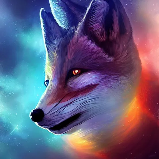 Prompt: a space fox, portrait, sci fi style, modern look, digital art, traveling through time and space, expressive lighting, aura, beautiful