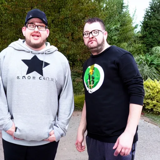 Prompt: Rocco Botte wearing gray sweatshirt and gray sweatpants and black/white Converse Chuck Taylors standing in a T-pose on a suburban residential street