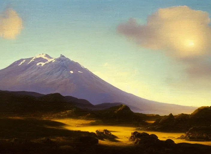 Image similar to mt. ruapehu, new zealand in the style of hudson river school of art, oil on canvas