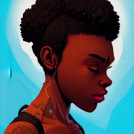 Prompt: Alberto Mielgo portrait design of an afropunk female character in a favela street, medium shot, asymmetrical, profile picture, painting by Alberto Mielgo and Laurie Greasley and Lois van Baarle, trending on artstation,