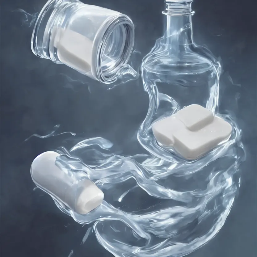 Prompt: concept art of white dietary supplement designed by porsche in a transparent bottle with big black sticker on it, by aenaluck, artgerm and roberto ferri and greg rutkowski, light blue and white tones, digital painting, artstation, concept art, smooth, sharp foccus ilustration hq