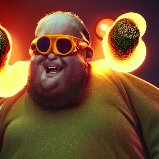 Image similar to highly detailed octane render of a short ugly fat man with a giant beard, holding a grenade launcher and wearing armour, goggles and a safety hat whilst laughing at a green mushroom cloud surrounded by dead insects in a cave