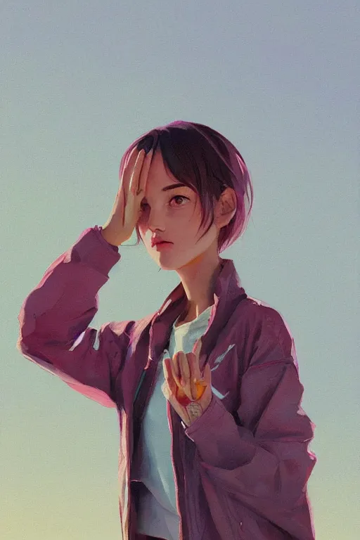 Image similar to a ultradetailed beautiful panting of a stylish girl doing the peace sign, she is wearing an oversized nike jacket, oil painting, by ilya kuvshinov, greg rutkowski, conrad roset and makoto shinkai