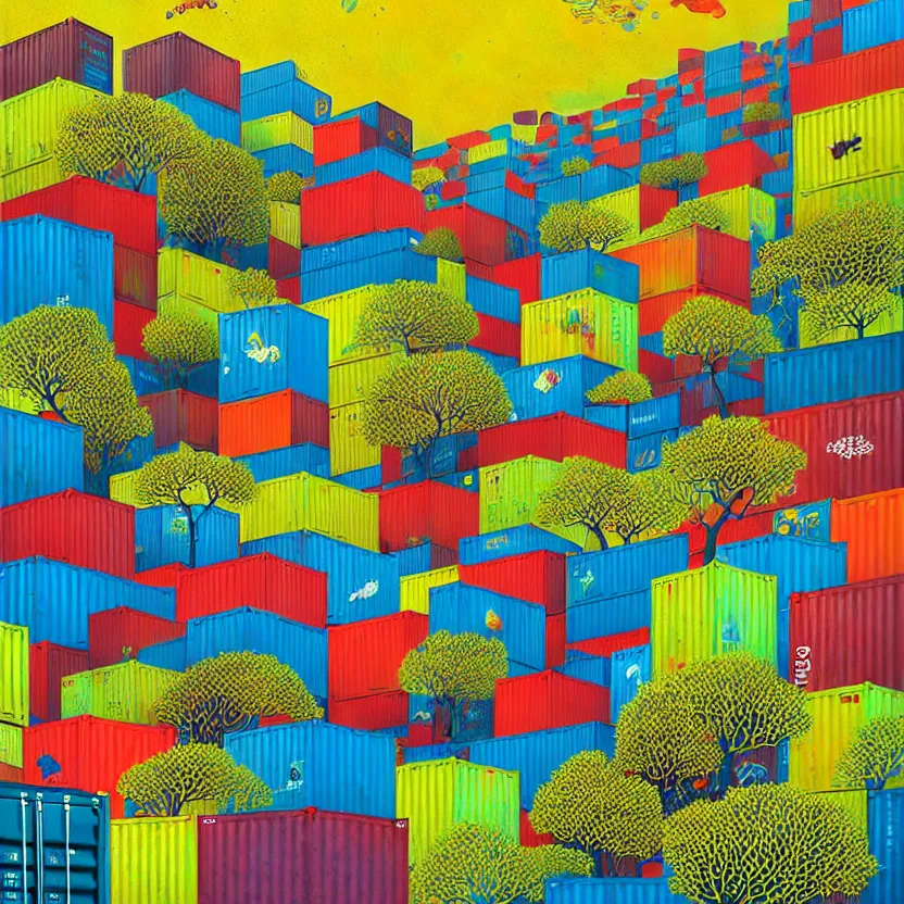 Image similar to surreal glimpse into other universe, stacks of shipping container, summer morning, very coherent and colorful high contrast, art by!!!! gediminas pranckevicius!!!!, geof darrow, floralpunk screen printing woodblock, dark shadows, hard lighting, stipple brush technique,