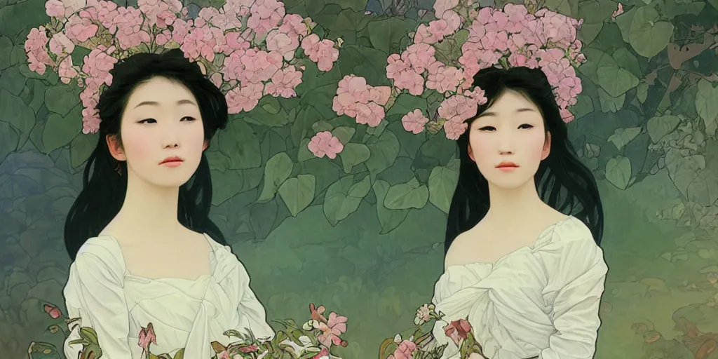 Image similar to a portrait of a very beautiful Asian young woman with giant flowers behind her head, in the style of WLOP and Alphonse Mucha and Ross Tran, with a drone flying in the air, realistic, seductive, closeup, facing the camera, dramatic lighting