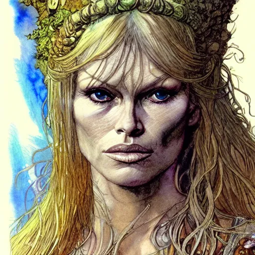 Image similar to a realistic and atmospheric watercolour fantasy character concept art portrait of brigitte bardot as a druidic warrior wizard looking at the camera with an intelligent gaze by rebecca guay, michael kaluta, charles vess and jean moebius giraud