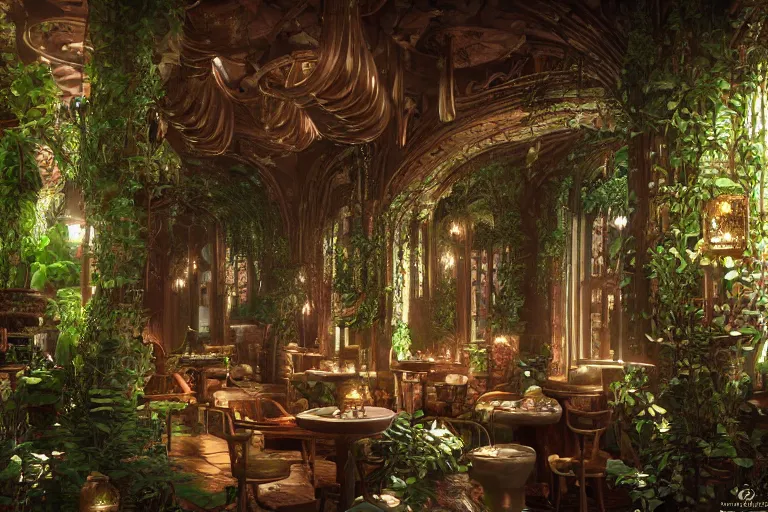 Image similar to inside an elvish art nouveau lush tavern found in italy with potted plants, artgerm, yoshitaka amano, baroque interior, 8 k, octane render, unreal engine