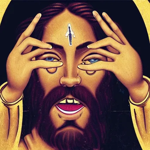 Prompt: jesus as a gangsta, golden chains, golden teeth, making a v with his hand