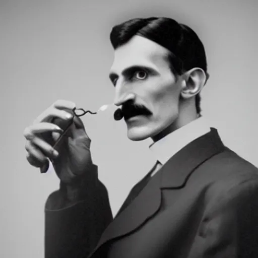 Image similar to Nikola Tesla trying to make electricity with a banana, ultra realistic, studio lighting