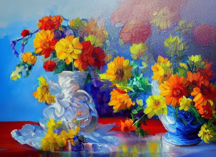 Image similar to bright beautiful oil painting by bAlexander Labas and Tatyana Yablonskaya and Viktor Tsvetkov