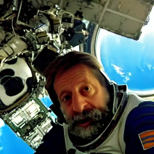 Image similar to film still of astronaut slavoj zizek falling away from the space station in gravity