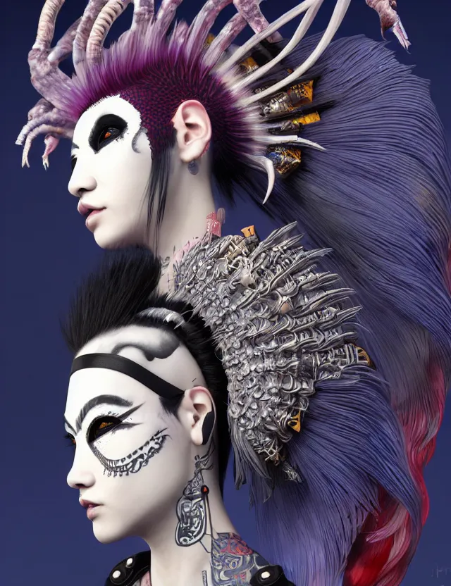 Image similar to 3 d goddess close - up profile portrait punk with mohawk with ram skull. beautiful intricately detailed japanese crow kitsune mask and clasical japanese kimono. betta fish, jellyfish phoenix, bio luminescent, plasma, ice, water, wind, creature, artwork by tooth wu and wlop and beeple and greg rutkowski