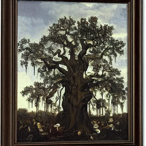 Prompt: huge tree with a lot of hangmans, southern gothic art, 1 9 th century scene, painted by friedrich caspar david