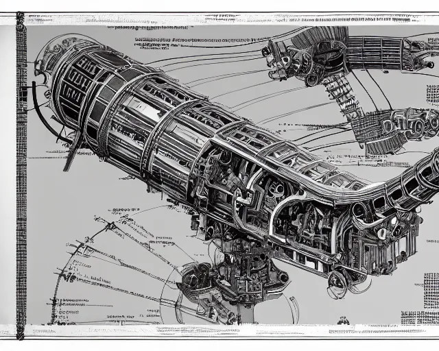 Prompt: a full page of a mechanical blueprint showing a cutaway design for a mechanized brontosaurus from howl's moving castle ( 2 0 0 4 ), with people inside piloting it, muted colors, post grunge, studio ghibli, hq,
