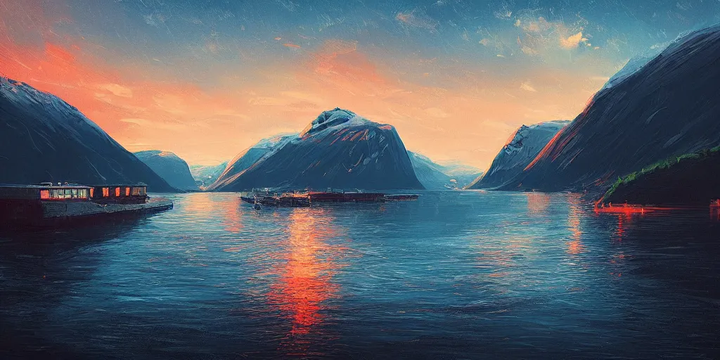 Prompt: the fjords of norway by alena aenami speedart