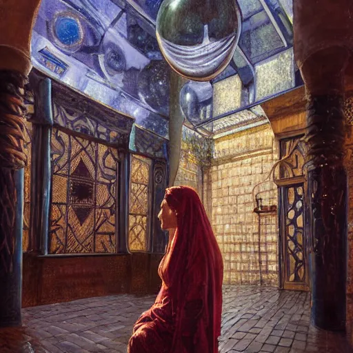 Image similar to detailed face of an arabic woman, opulent courtyard, moment, tectonic sky, skydome, reactor, utopian, tech noir, wet reflections, prism, atmospheric, ambient, pj crook, syd mead, livia prima, artgerm, greg rutkowski, nick alm, casey baugh