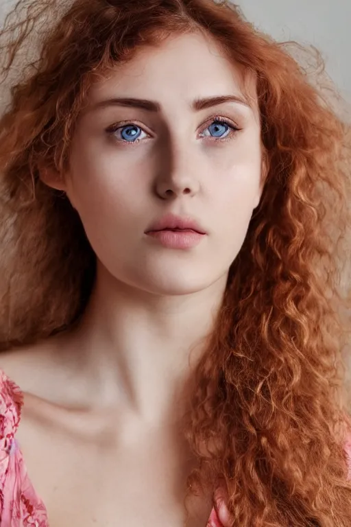 Prompt: olive skinned strawberry blonde female model in her twenties, wearing a v - neck blouse, looking content, focused on her neck, photo realistic, extreme detail skin, natural beauty, no filter, slr, golden hour, 4 k, high definition, selfie