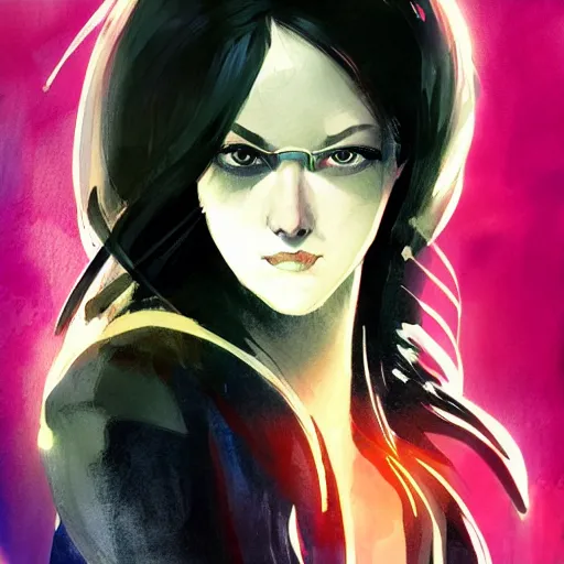 Prompt: stylized portrait of woman with long black frizzy hair wielding a neon katana by Dustin Nguyen, artstation, professionally illustrated