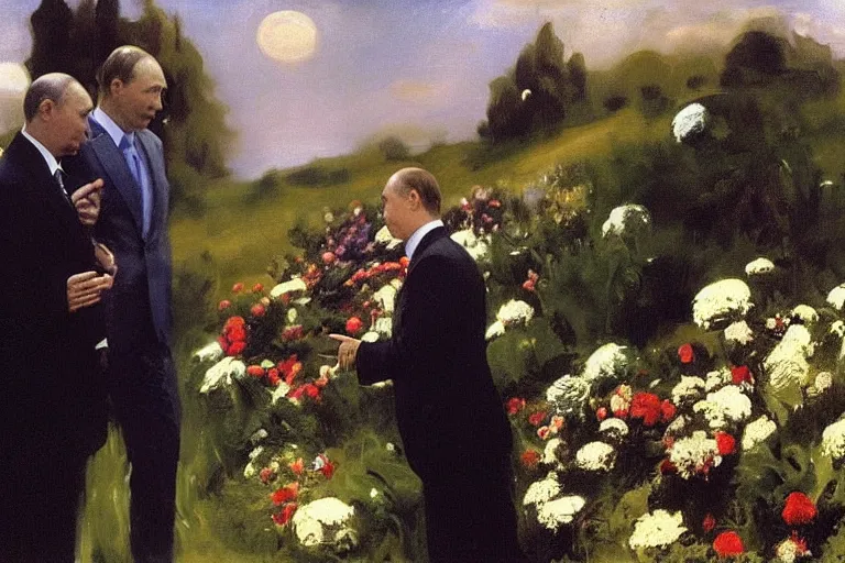 Prompt: vladimir putin greeting ufo with flowers, john singer sargent