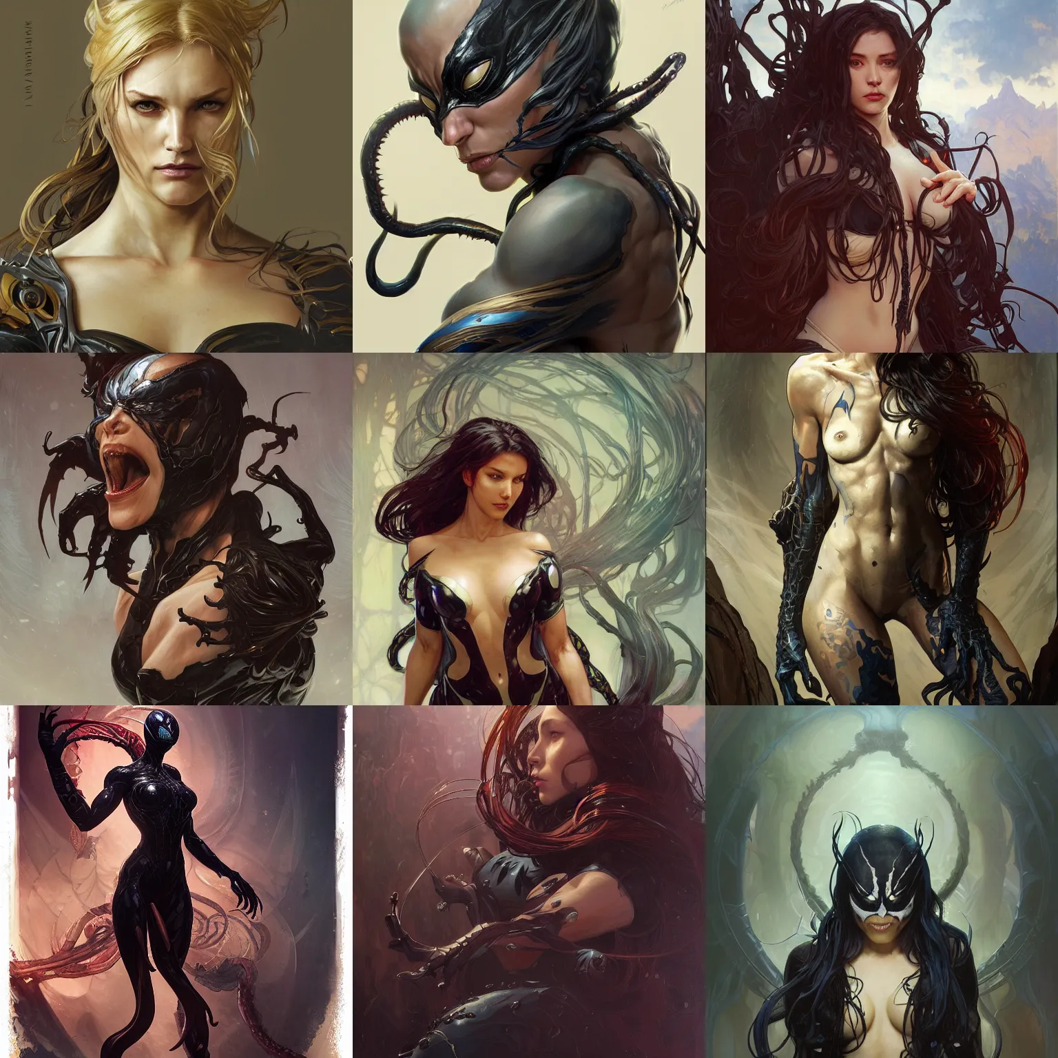 Prompt: Venom, highly detailed, digital fantasy character, painted portrait, artstation, concept art, hard focus, illustrations, works by artgerm and Greg Rutkowski, Alphonse Mucha and Craig Mullins, James Jean, Andrey Ryabovichev, Mark Simonetti and Peter Morbacher, 16k,