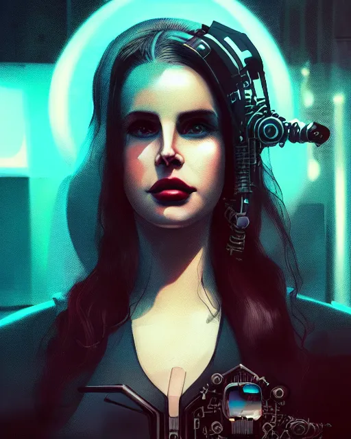 Image similar to portrait of lana del rey as a cyberpunk cyborg. sci - fi intricate abstract. intricate artwork, tear drops, roses, by tooth wu, wlop, beeple, dan mumford. concept art, octane render, trending on artstation, greg rutkowski, asymmetrical, cinematic arthouse, key art, hyper realism, iridescent accents