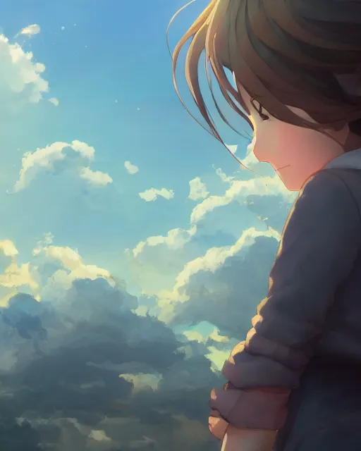 Image similar to a girl watching looking up at the clouds, full shot, atmospheric lighting, detailed face, by makoto shinkai, stanley artger m lau, wlop, rossdraws, james jean, andrei riabovitchev, marc simonetti, krenz c