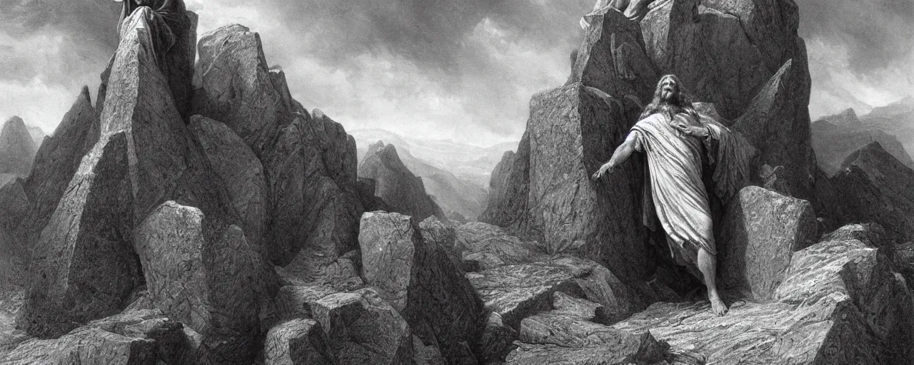 Prompt: medium shot of moses on top of a mountain holding up in the air the ten commandments stone tablets, photorealistic, highly detailed, texture, soft light, dramatic, moody, ambient, painting by gustave dore