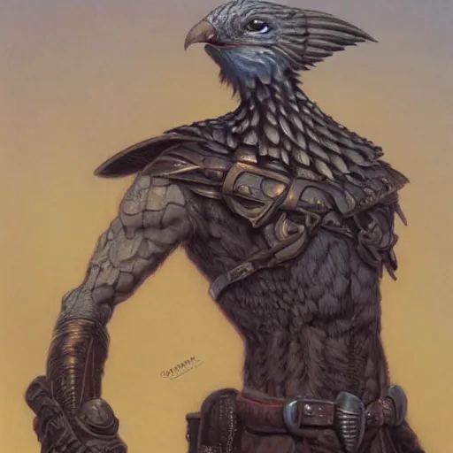 Prompt: portrait of a cowardly and dumb humanoid avian warrior, by Gerald Brom on Artstation