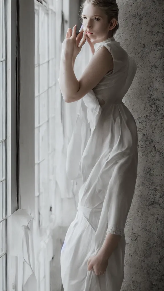 Image similar to emily skinner cosplaying annie leonhart wearing open toe heels and wearing a white dress in a white room looking up, beautiful face, pale skin, rule of thirds, cinematic lighting, rainy weather, melancholy atmosphere, sharp focus, backlit, stunning, smooth, hard focus, full body shot, studio photo, shot on sony a 7 iii, hyper realistic,