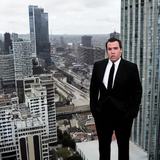 Prompt: Clean-shaven Jon Favreau wearing a black suit and black necktie and black dress shoes is climbing up a tall building in an urban city. The sky is filled with dark clouds and the mood is ominous.