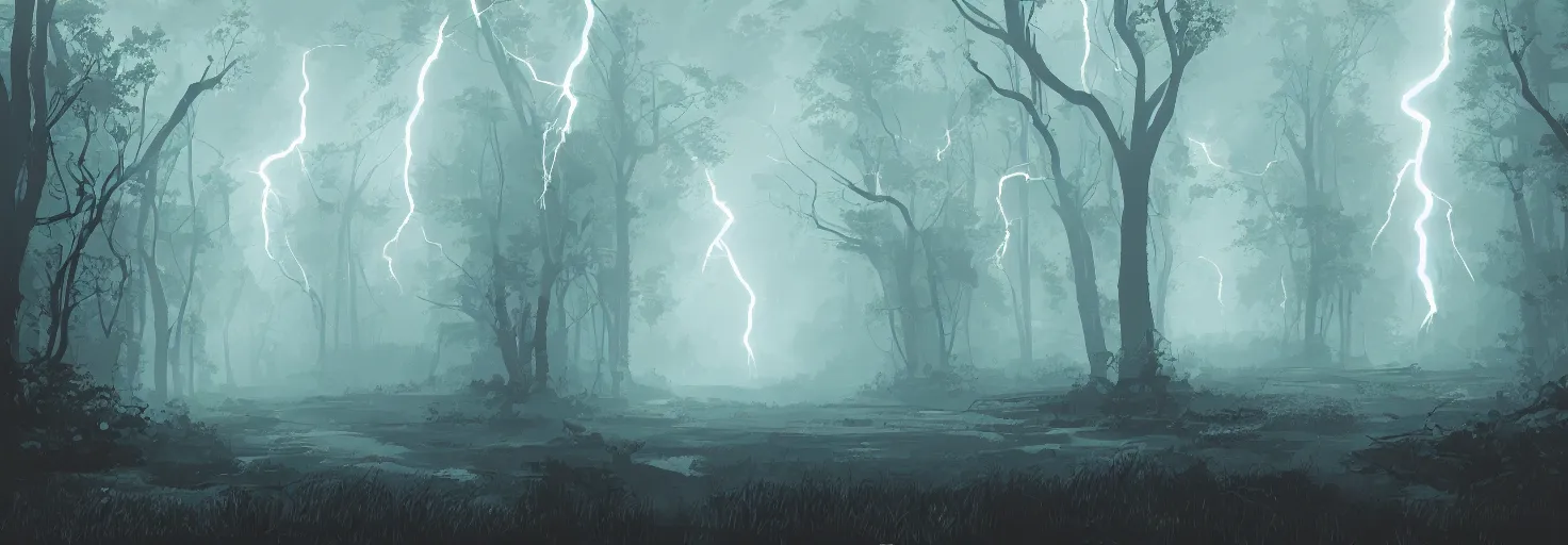 Prompt: lightning rain in the forest, vector art, trending on artstation, 30mm, by Noah Bradley