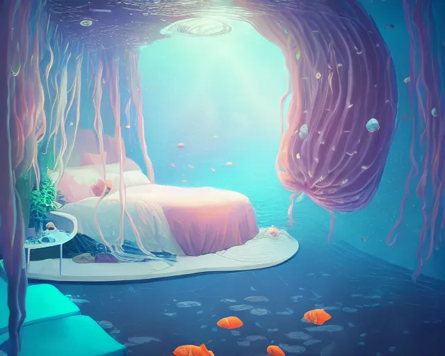 Prompt: deep - sea bedroom with a sea flower canopy bed in a sparkling anemone garden, bubbles, underwater scenery, radiant lighting, artstation, alena aenami, leiji matsumoto