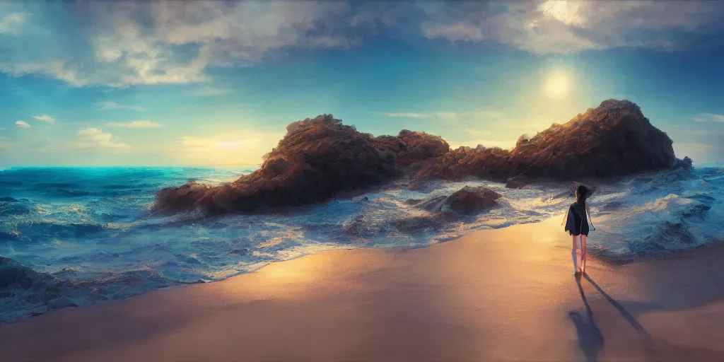 Image similar to a beach, cinematic angle, studio Ghibli, volumetric lighting, bold, beautiful composition, intricate, elegant, digital art, detailed, oil painting, hyperrealistic, sharp focus, 8k