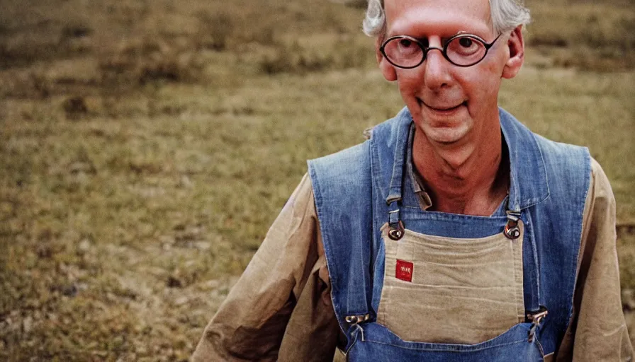 Image similar to far view, extremely skinny malnourished mitch mcconnell, wearing dirty overalls, dirty greasy face, grin, portrait, close up, kodak gold 2 0 0, 5 0 mm,