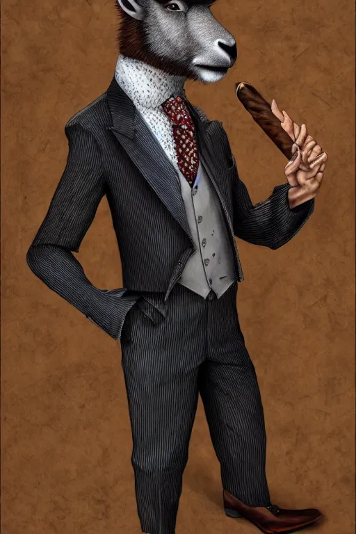 Image similar to beautiful portrait commission of a male furry anthro mountain goat wearing a pinstripe suit and waistcoat, smoking a cigar, award-winning, detailed, trending on artstation