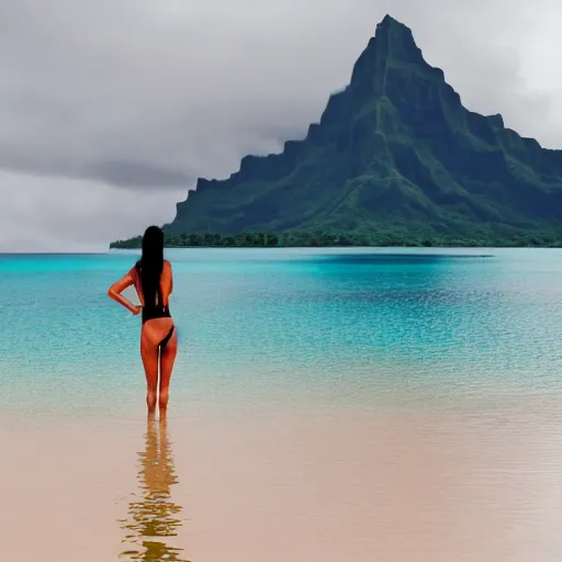 Prompt: a [ woman swimming in tahiti ] during a thunderstorm, [ 4 k photorealism ]!!, trending on unsplash, 4 k, back view!!