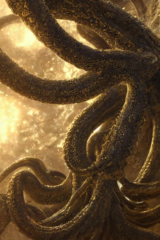 Image similar to giant ancient alien tentacles artwork by yoshitaka amano, black and gold, detailed background, extremely detailed, octane rendering, sharp focus, volumetric light, particles, unreal engine 5, rtx