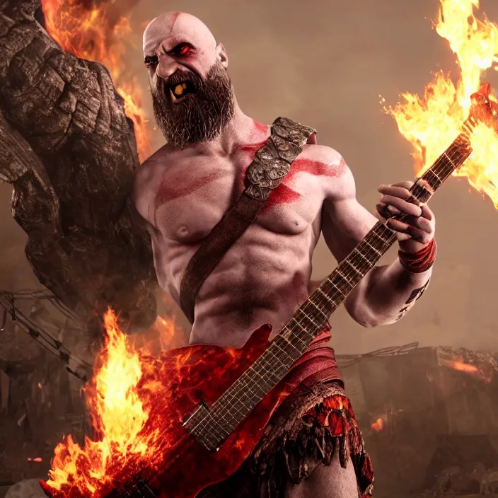 prompthunt: kratos shredding on a flaming stratocaster guitar