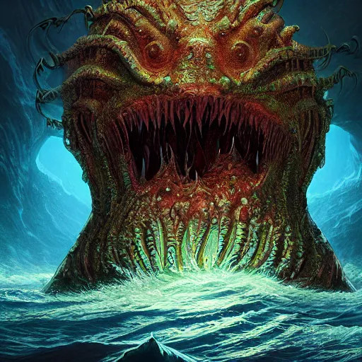 Image similar to sea beast of the depths in the style of michael whelan and h. p. lovecraft. hyperdetailed photorealism by greg rutkowski. 1 0 8 megapixels, 3 d finalrender, cinematic lighting.