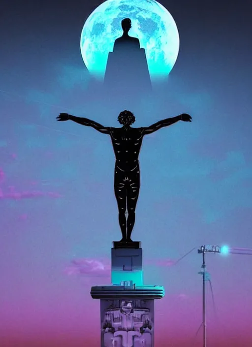 Image similar to statue of atlas, moon in the background, beeple, vaporwave, retrowave, futurism, black background, neon wiring, black, glitch, strong contrast, cuts, pinterest, trending on artstation