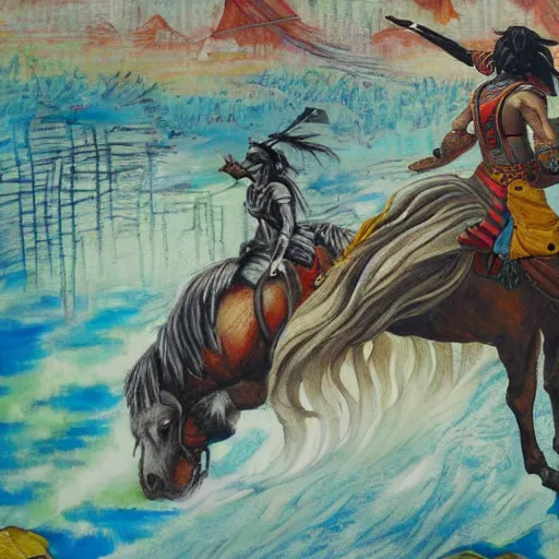 Image similar to a exotic metro pollynsdian warrior riding horse through a river, painted by jorgihno gisbana and takashi tokyo, style of ultra capitalism surrealism, surrealist artwork, ancho socialist styling