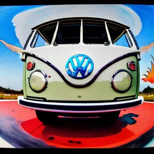 Image similar to a fisheye perspective caricature watercolor painting of a vw volkswagen bus, camper, bulli, type - 2, microbus, kombi, flying towards the camera, jumping at the viewer, dynamic action shot, fish eye lense, frontal, a dramatically erupting vulcano is seen in the background