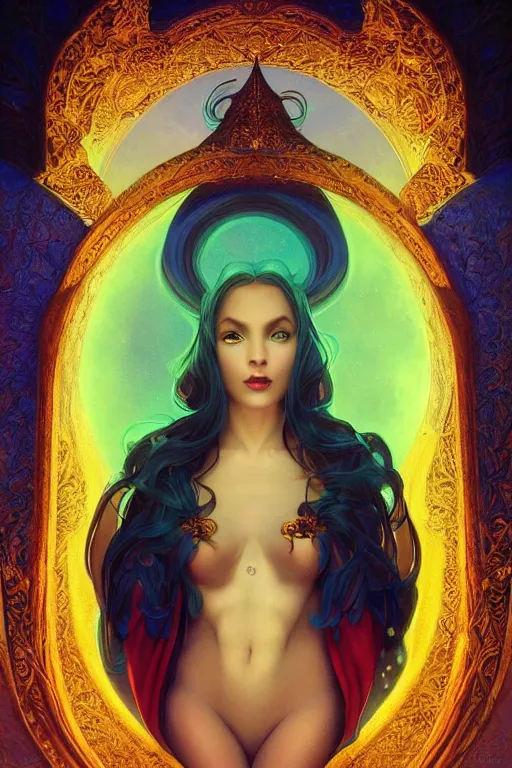 Prompt: portrait of a beautiful sorceress by artgerm, vivid color, complementary color, golden ratio, detailed, sharp lines, sharp focus, intricate, rainbowshift, by maxfield parrish, by peter mohrbacher, by gustave dore, by alphonse mucha, deviantart, octane render