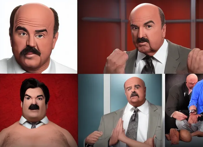 Image similar to portraits screenshots of dr phil yelling at dr oz, pile of nasty chili spilled on the floor, chunky sloppy men no shirts slipping in chili on the floor, wet chili wrestling, studio, extremely detailed, portraits, 4 k, hd