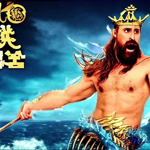 Prompt: screaming Ryan Gosling as Poseidon with trident and crown, the god of the sea, ready to fight, screenshot of the anime movie \'The King of the sea\' (2006)