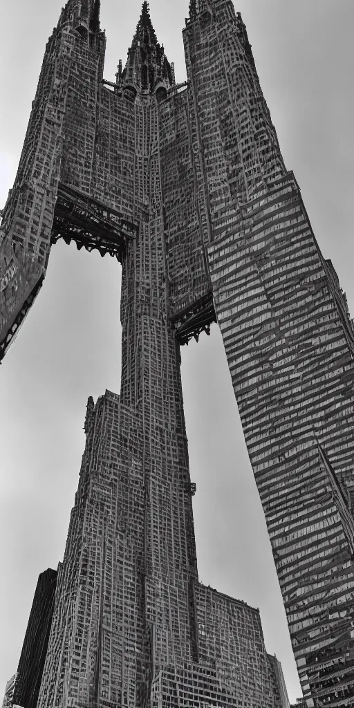 Prompt: A black and white photograph of a supertall skyscraper resembling a 13th century gothic Cathedral Looms over Lower Manhattan photographed by Bernd and Hilla Becher, hyperrealism 8k